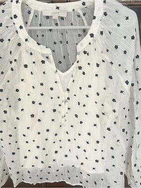 LOFT Ivory  Blouse with black Micro Floral Print.       Size L.   NWOT